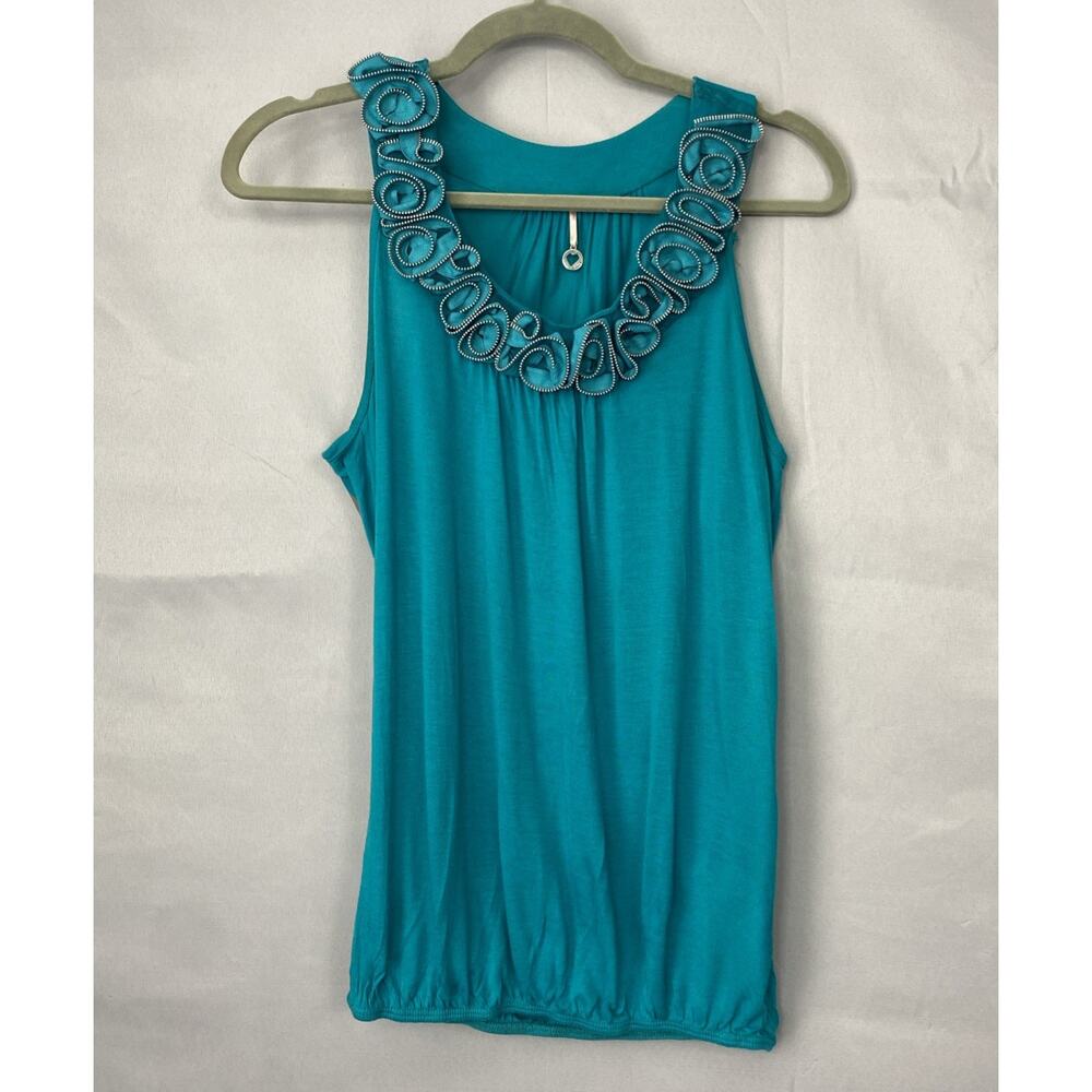ROBIN K Top S Y2K Zipper Blouson Tank Scoop Neck Blue Embellished Grunge Punk